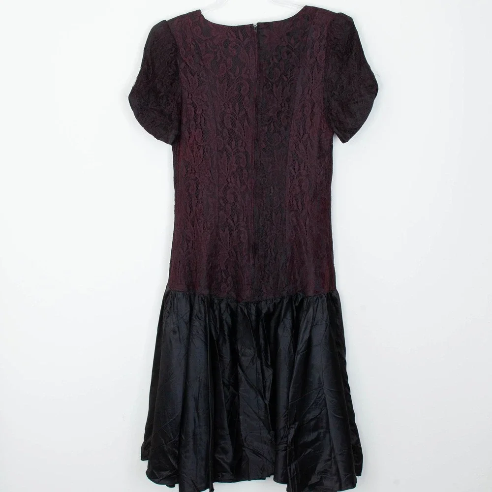 VTG 80s Miss Dorby Lace Midi‎ Dress Purple Black Puff Sleeve Size 16 Whimsigoth - Picture 6 of 8